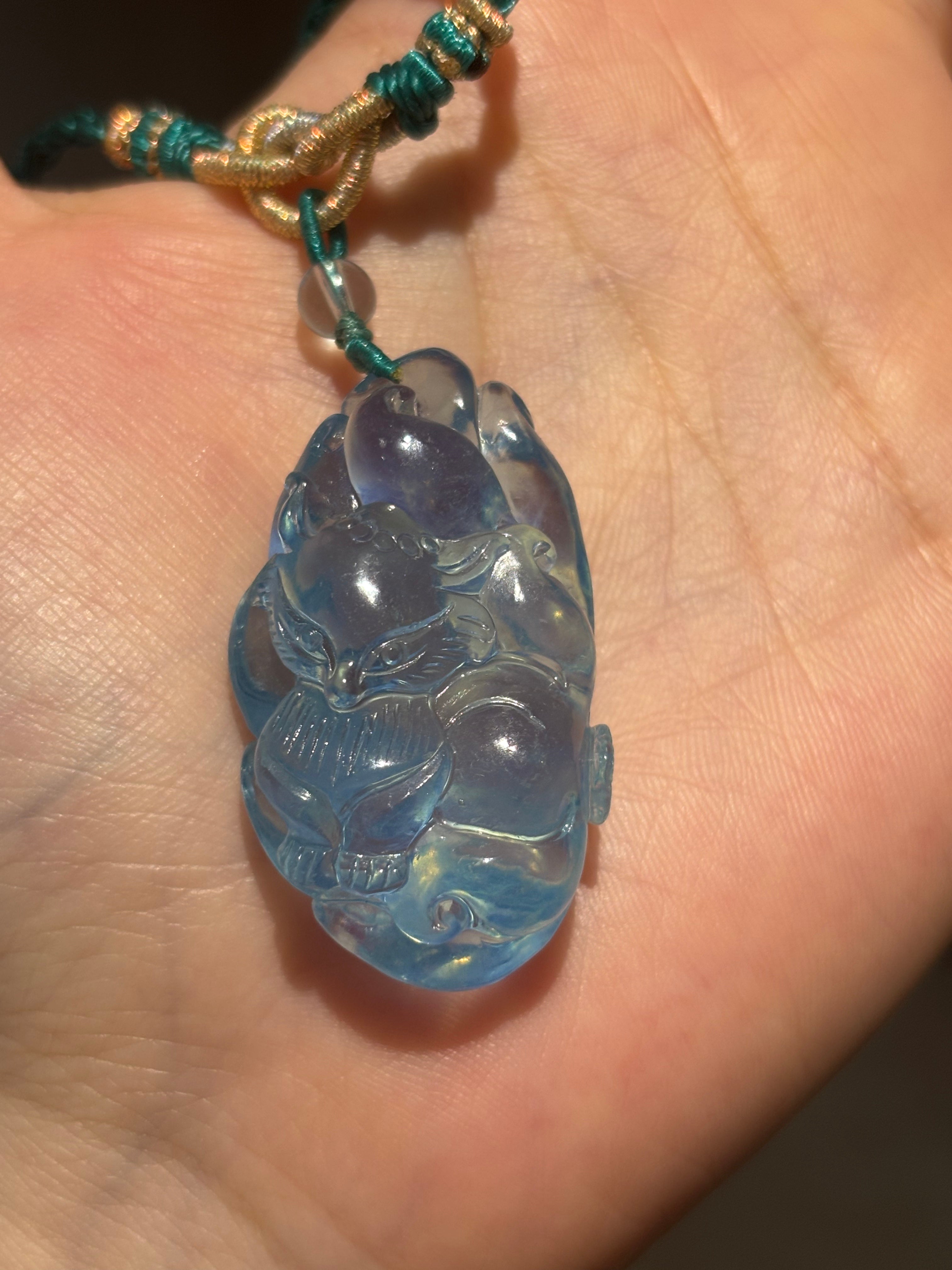 Natural aquamarine nine-tailed fox carving pendant